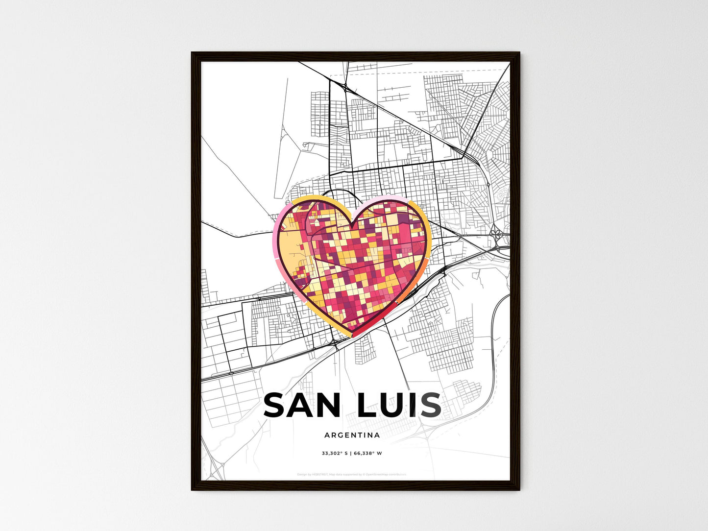 San Luis Argentina wedding art map with heart icon
