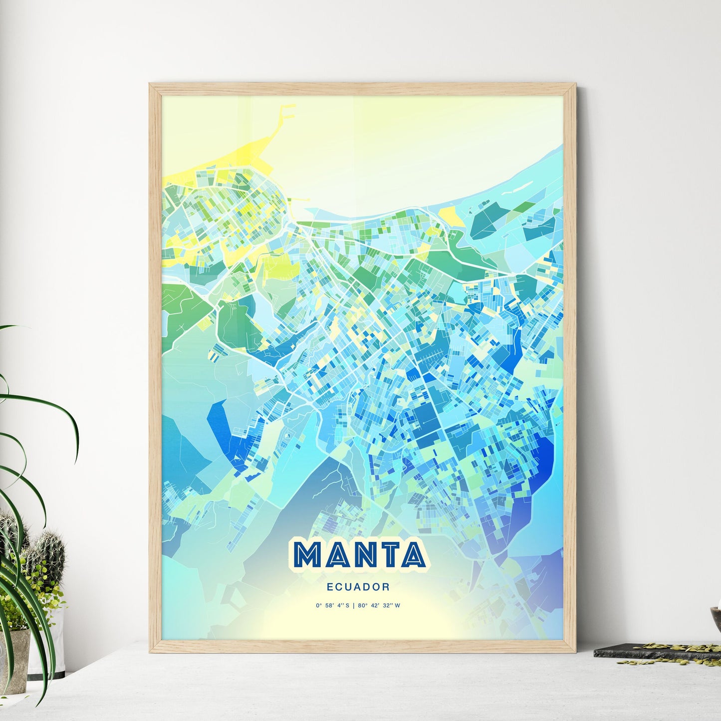 Colorful MANTA ECUADOR Fine Art Map Cool Blue