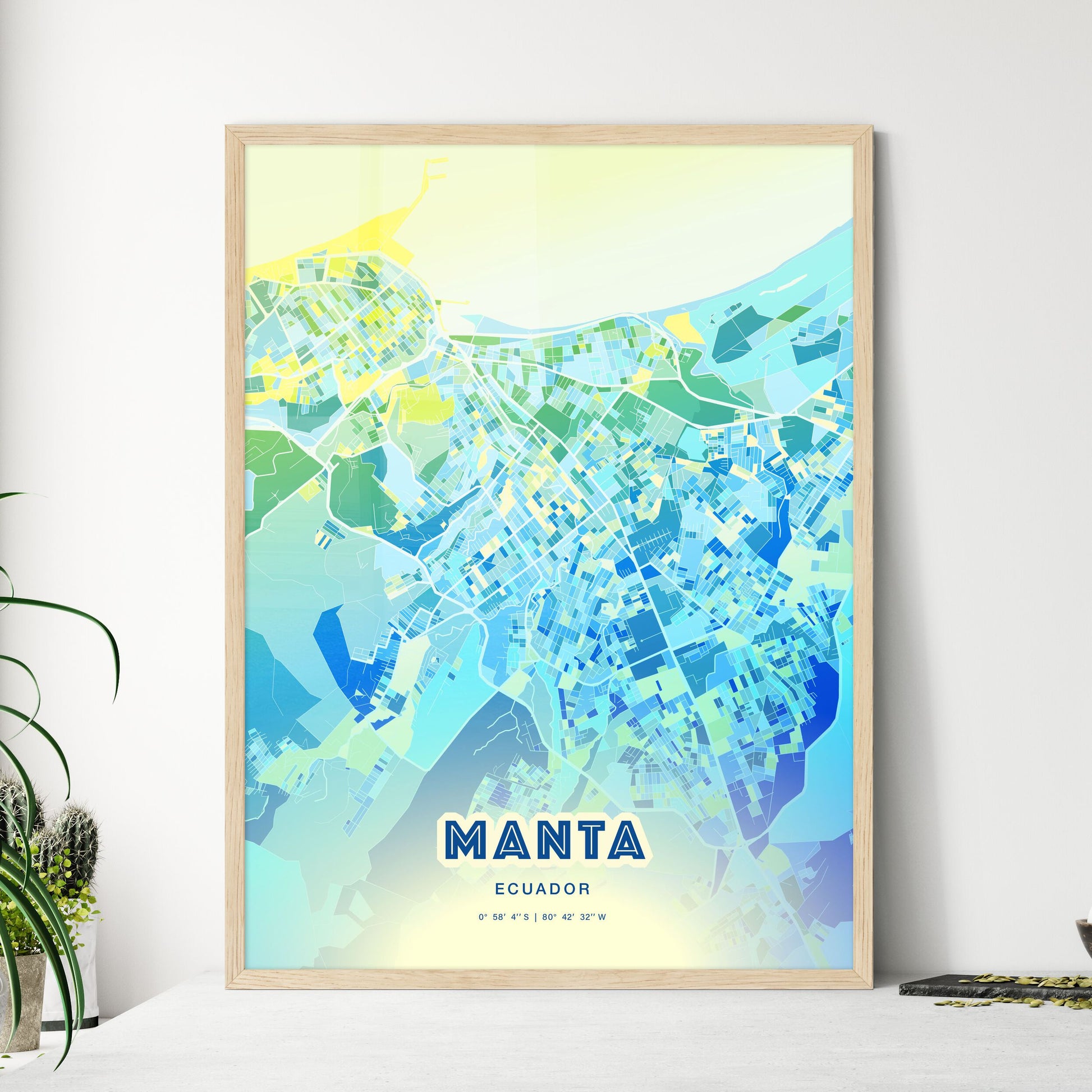 Colorful MANTA ECUADOR Fine Art Map Cool Blue