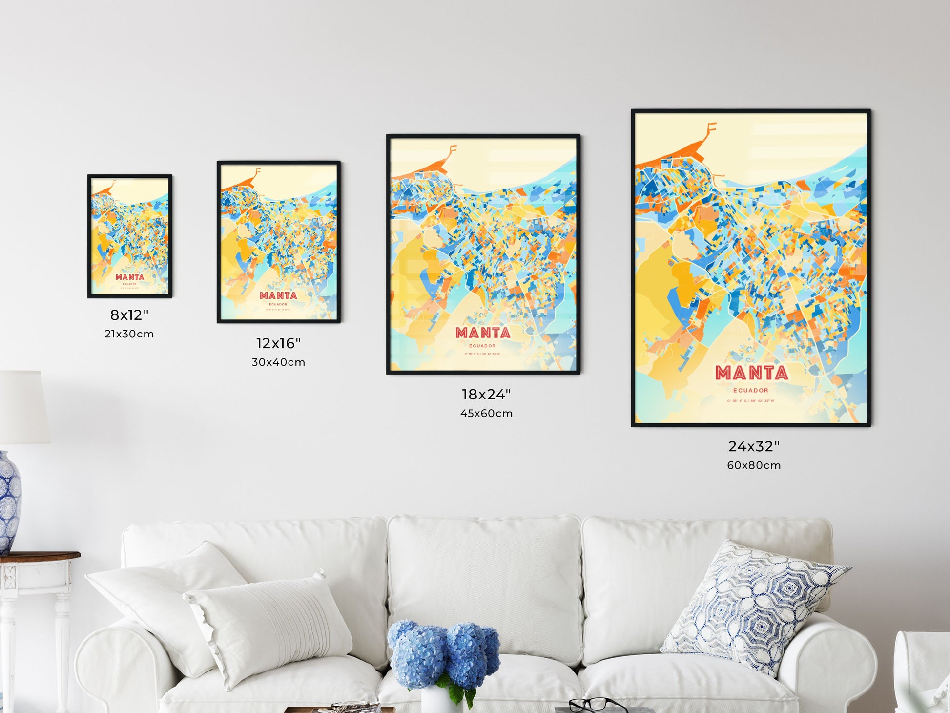 Colorful MANTA ECUADOR Fine Art Map Blue Orange