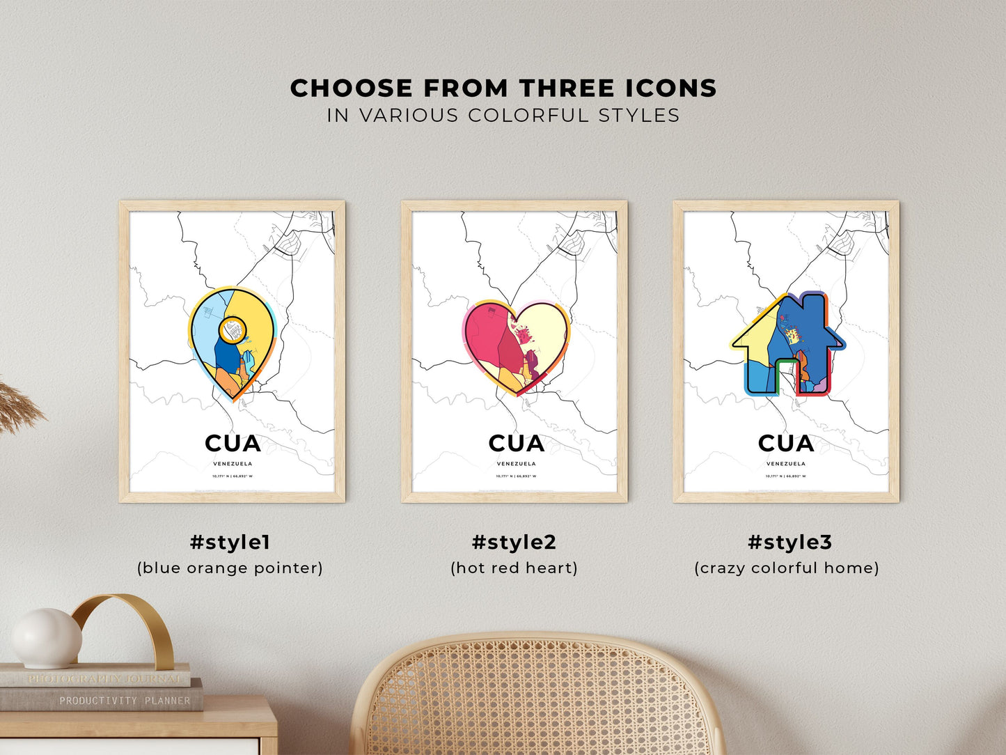 Cua Venezuela maps with colorful icons