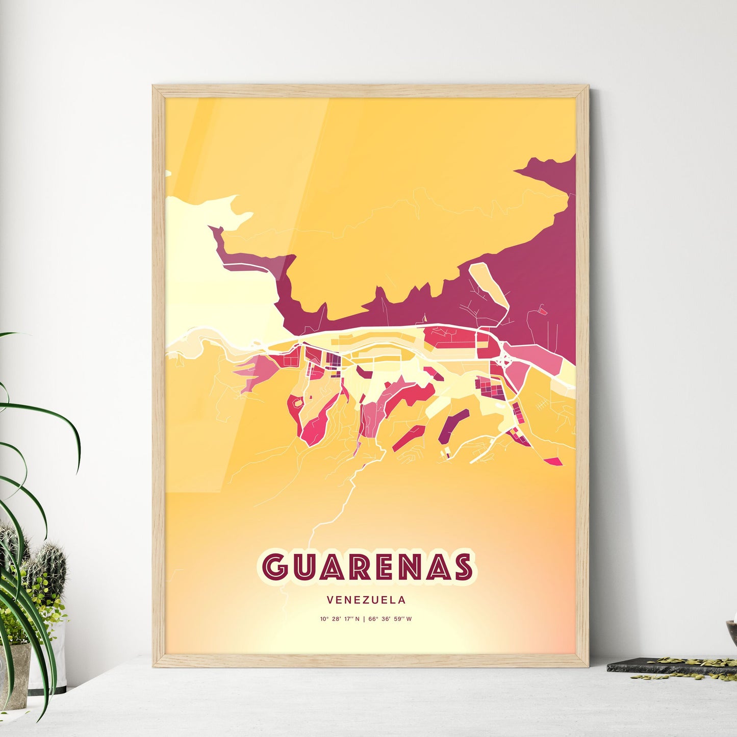 Colorful GUARENAS VENEZUELA Fine Art Map Hot Red