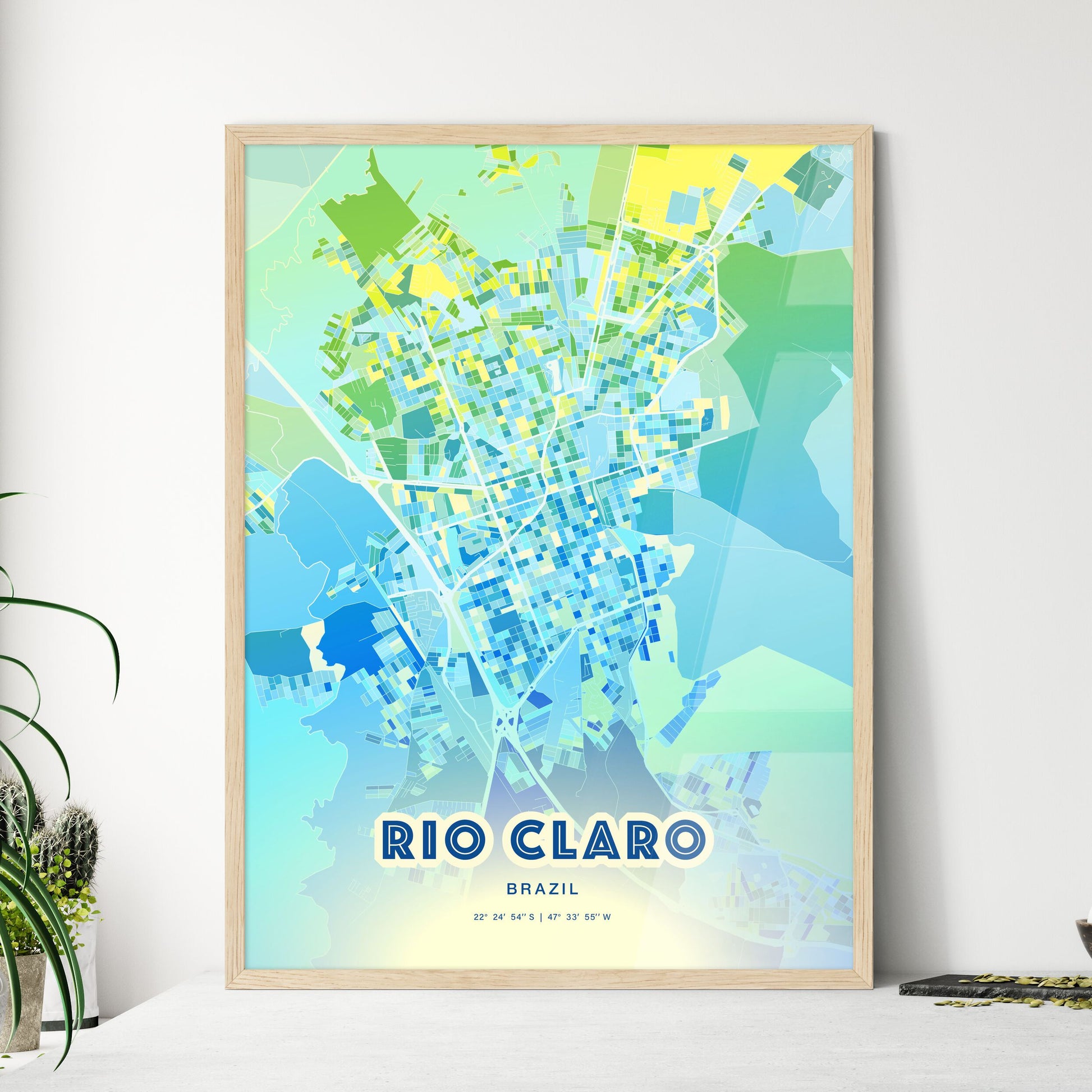 Colorful RIO CLARO BRAZIL Fine Art Map Cool Blue