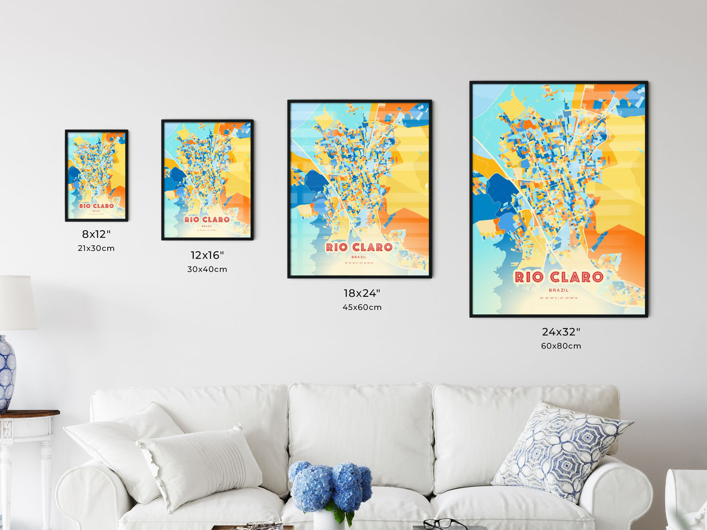 Colorful RIO CLARO BRAZIL Fine Art Map Blue Orange