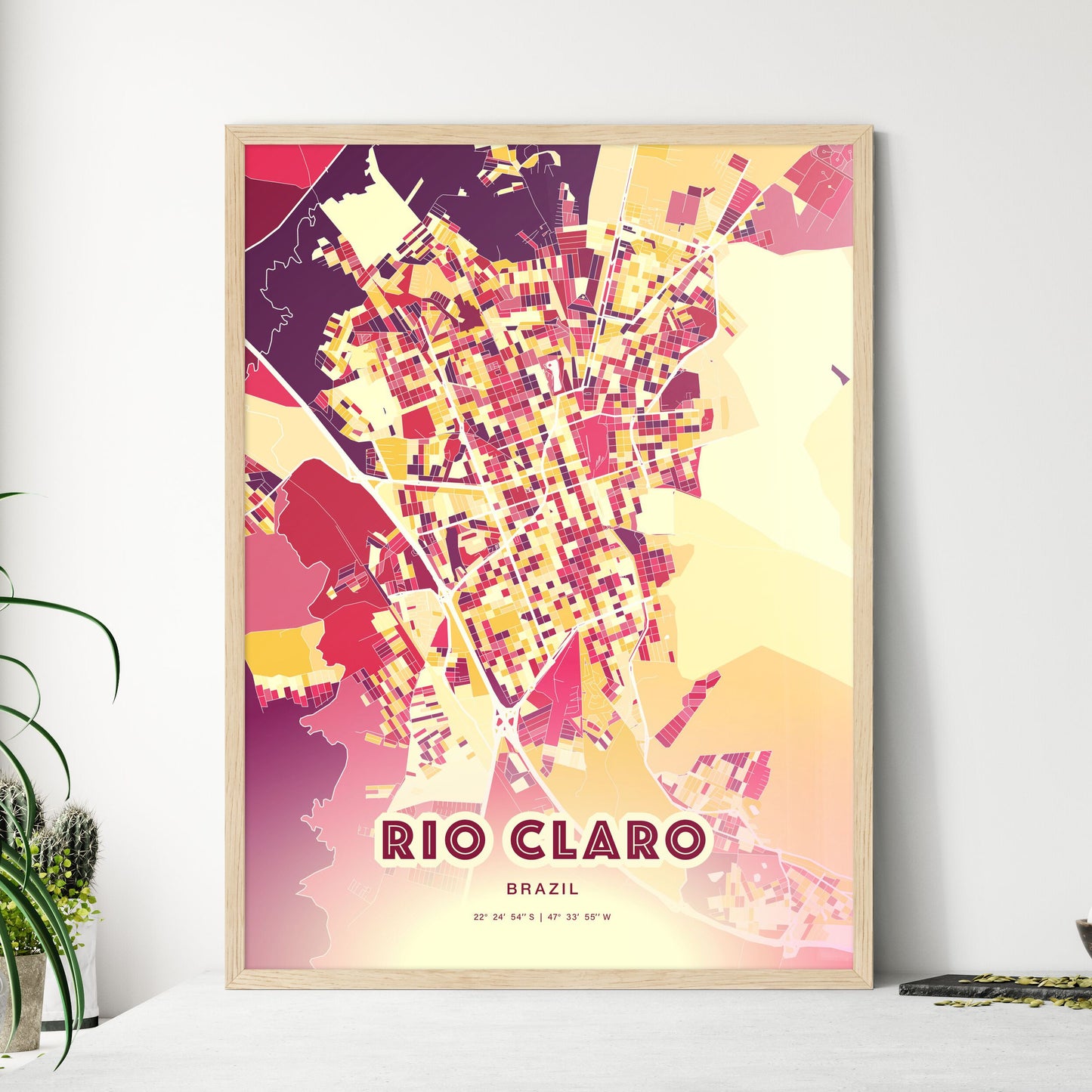 Colorful RIO CLARO BRAZIL Fine Art Map Hot Red