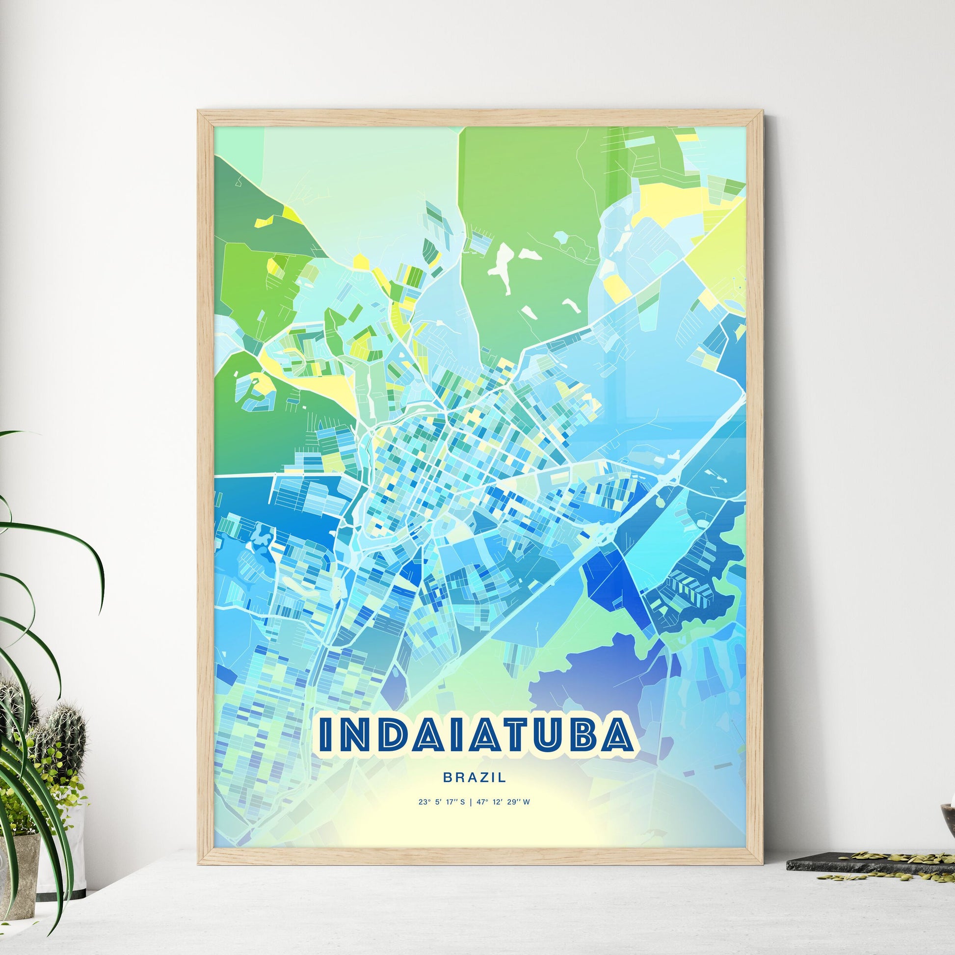 Colorful INDAIATUBA BRAZIL Fine Art Map Cool Blue