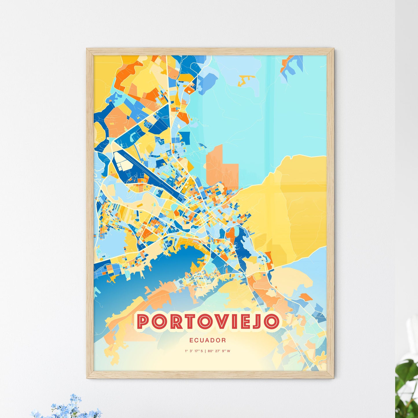 Colorful PORTOVIEJO ECUADOR Fine Art Map Blue Orange