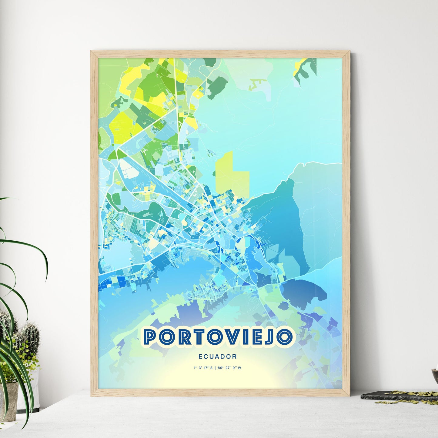 Colorful PORTOVIEJO ECUADOR Fine Art Map Cool Blue