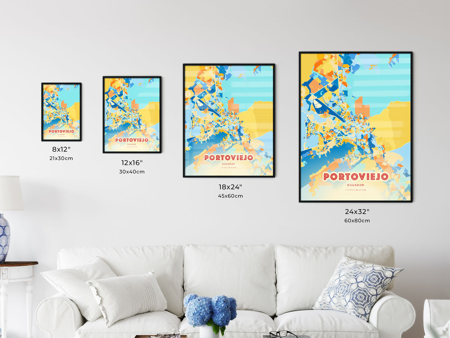 Colorful PORTOVIEJO ECUADOR Fine Art Map Blue Orange