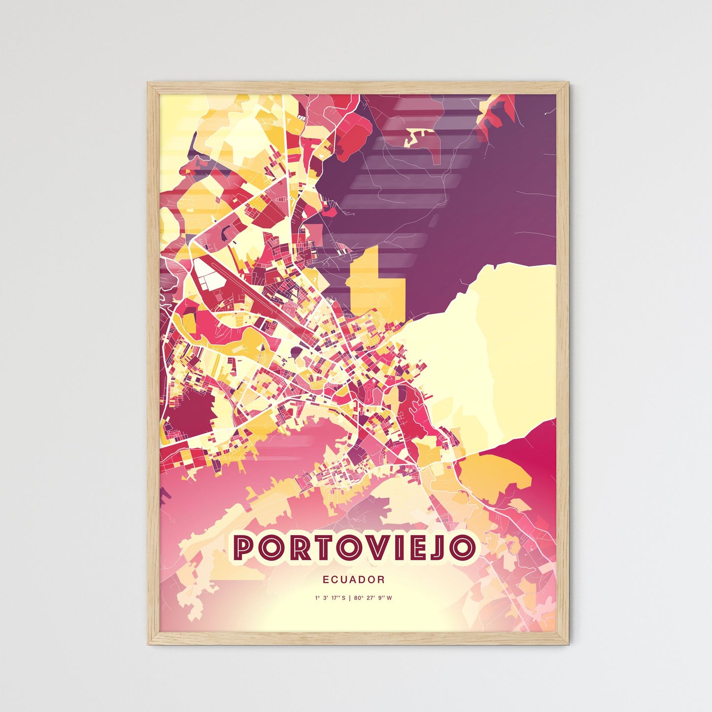 Colorful PORTOVIEJO ECUADOR Fine Art Map Hot Red