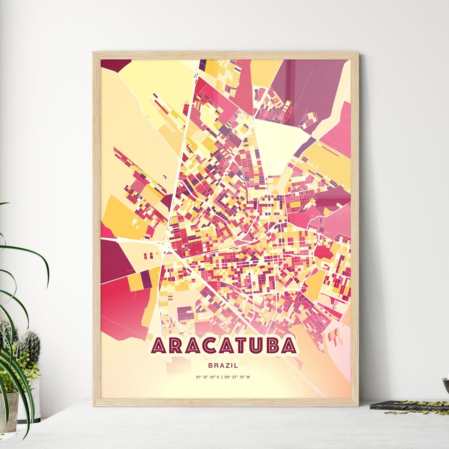 Colorful ARACATUBA BRAZIL Fine Art Map Hot Red