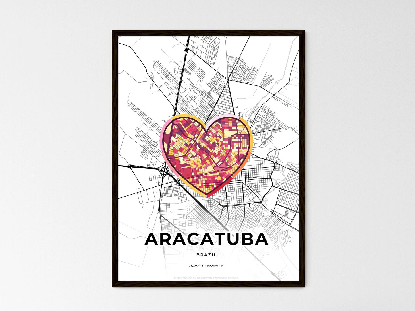 Aracatuba Brazil wedding art map with heart icon