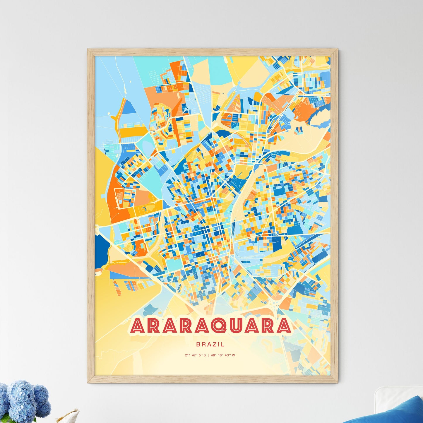 Colorful ARARAQUARA BRAZIL Fine Art Map Blue Orange