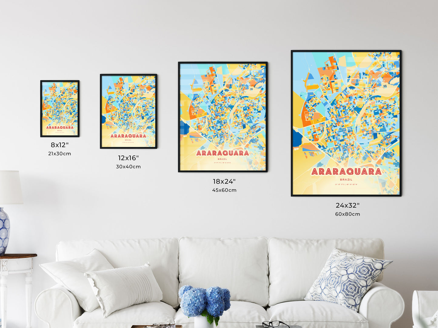 Colorful ARARAQUARA BRAZIL Fine Art Map Blue Orange