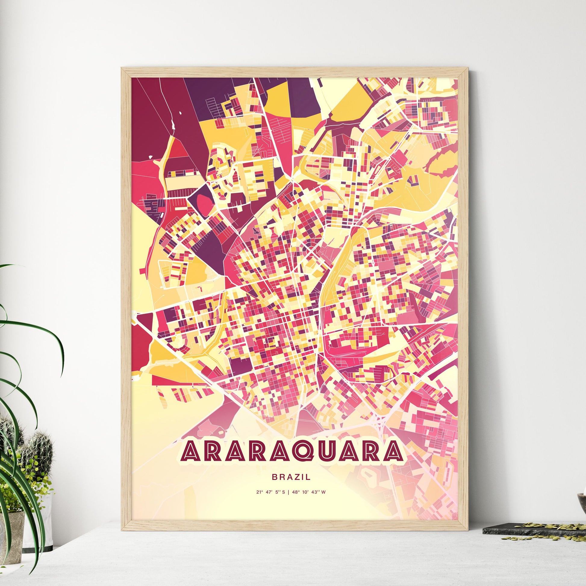 Colorful ARARAQUARA BRAZIL Fine Art Map Hot Red