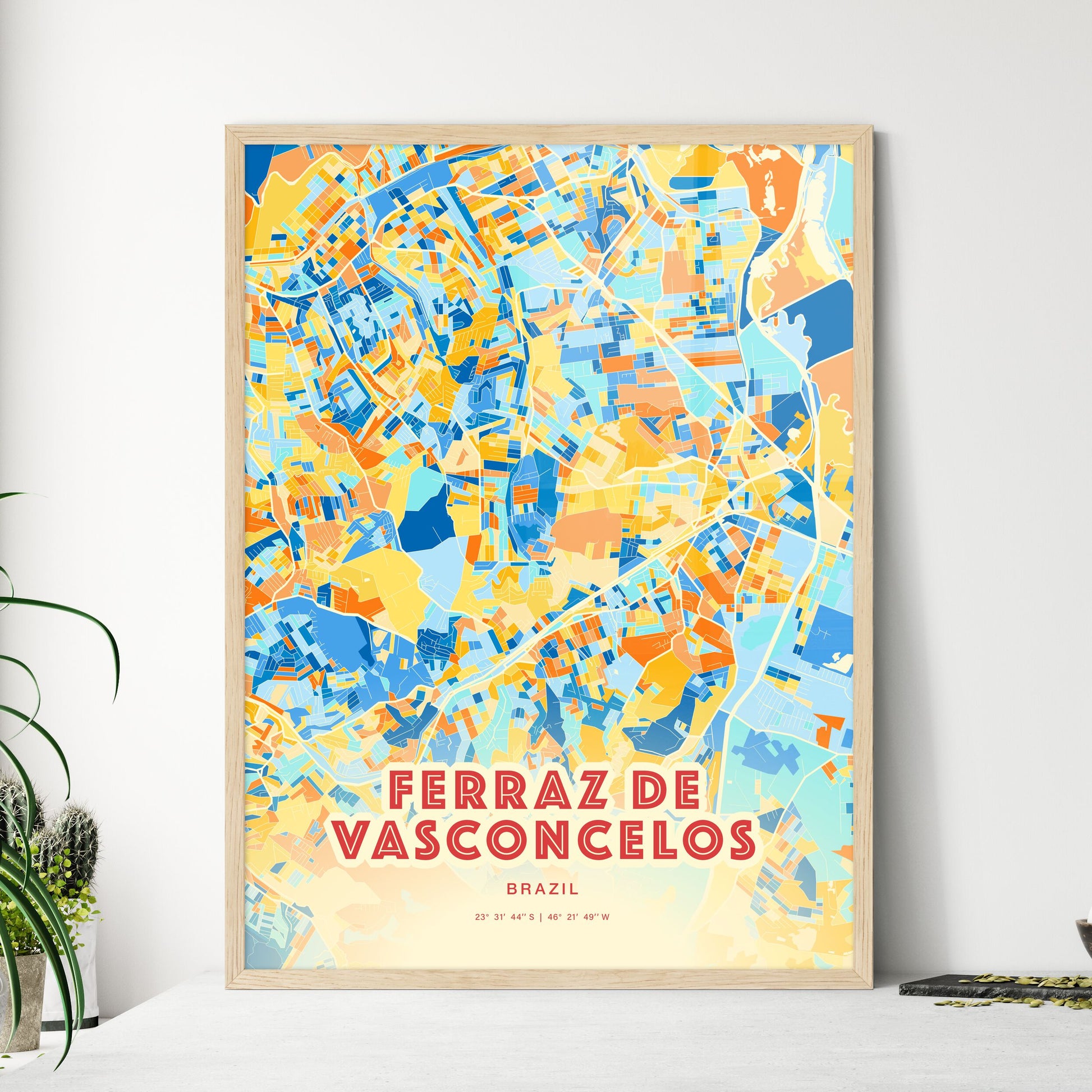 Colorful FERRAZ DE VASCONCELOS BRAZIL Fine Art Map Blue Orange