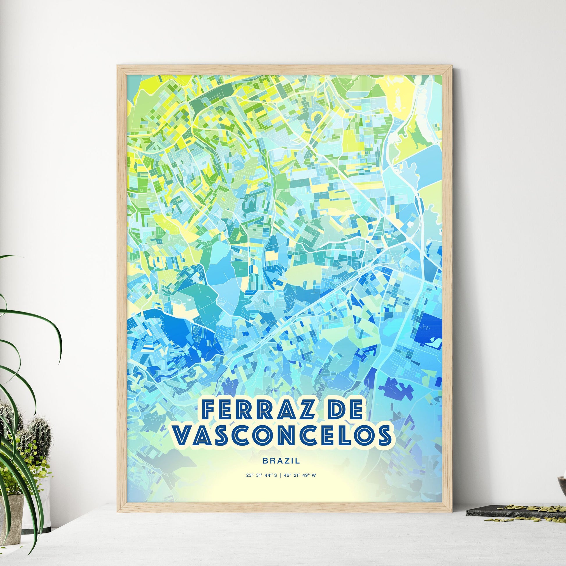 Colorful FERRAZ DE VASCONCELOS BRAZIL Fine Art Map Cool Blue