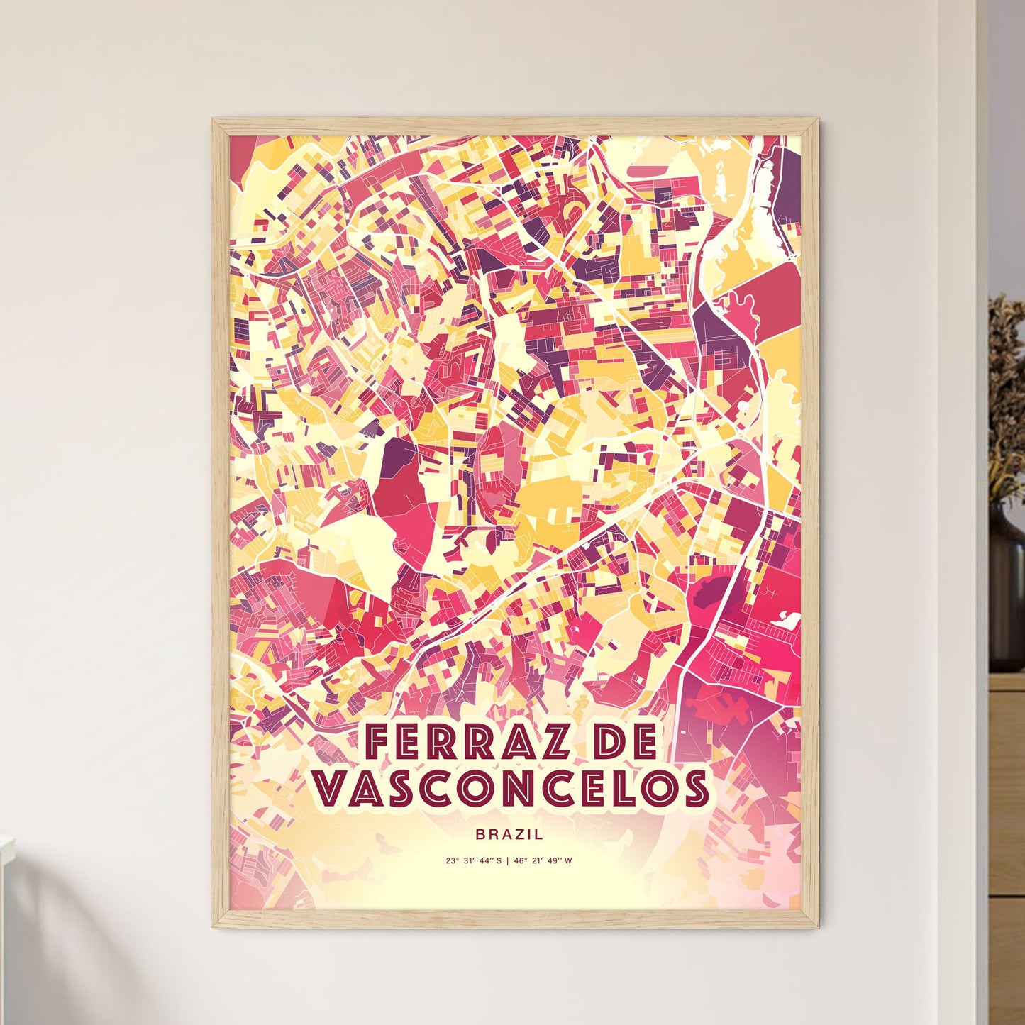 Colorful FERRAZ DE VASCONCELOS BRAZIL Fine Art Map Hot Red