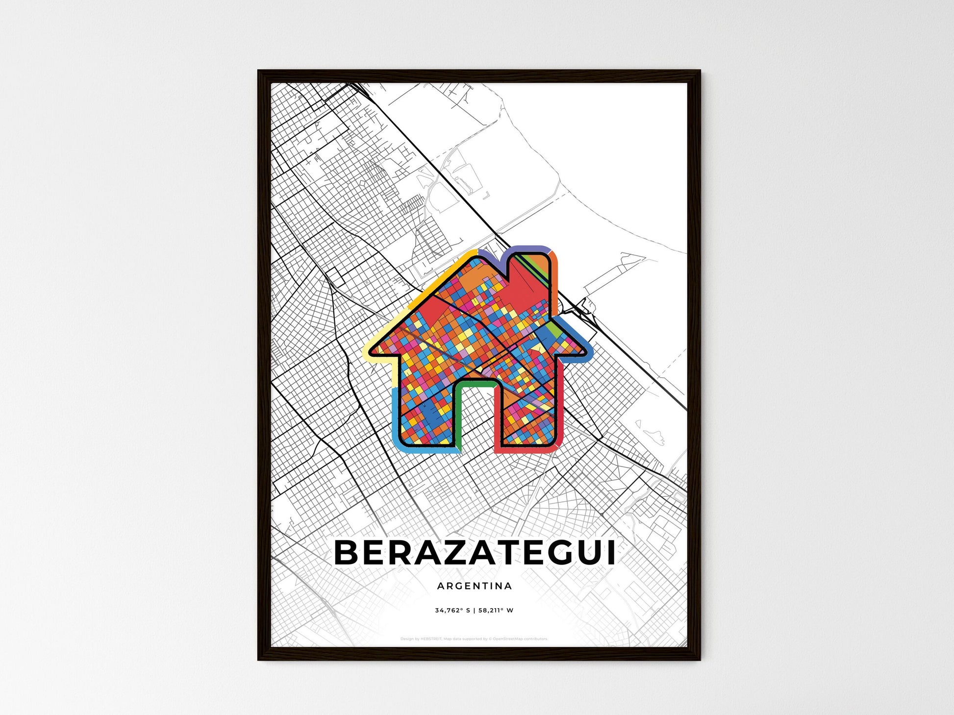 BERAZATEGUI ARGENTINA minimal art map with a colorful icon. Where it all began, Couple map gift. Style 3