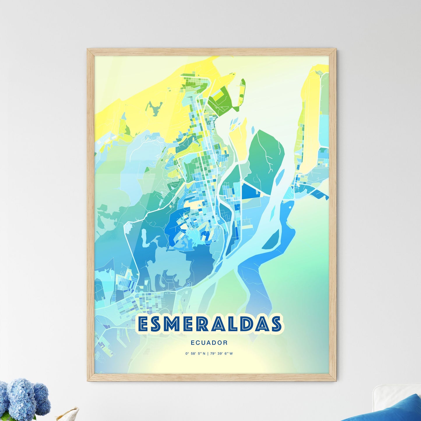 Colorful ESMERALDAS ECUADOR Fine Art Map Cool Blue