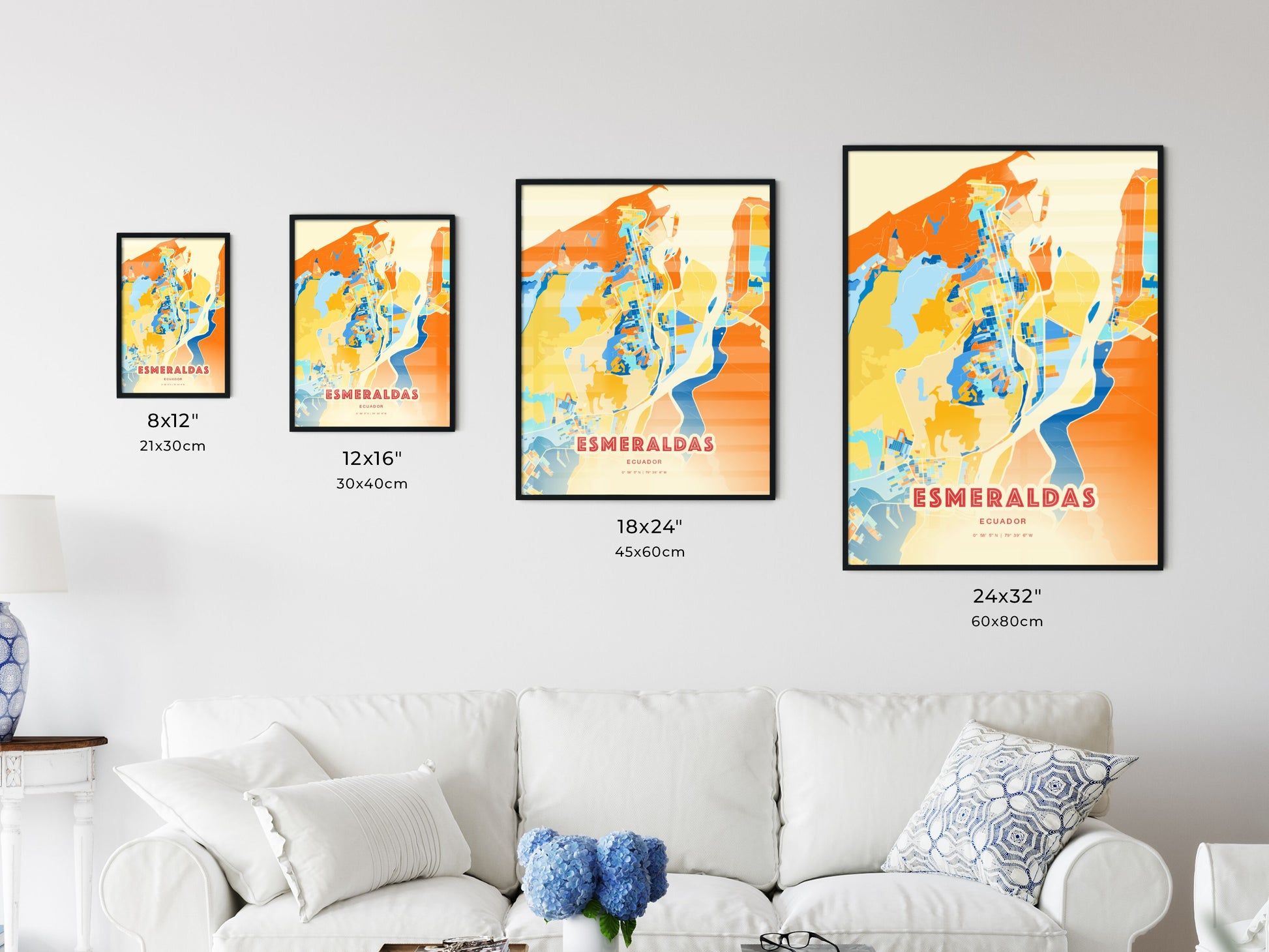 Colorful ESMERALDAS ECUADOR Fine Art Map Blue Orange