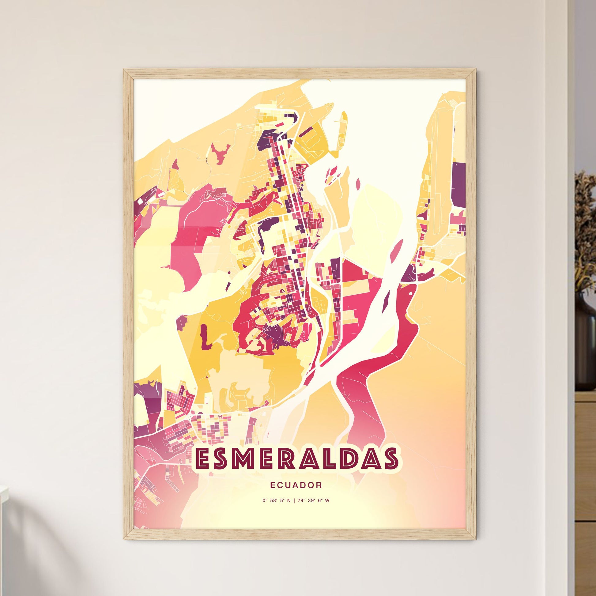 Colorful ESMERALDAS ECUADOR Fine Art Map Hot Red