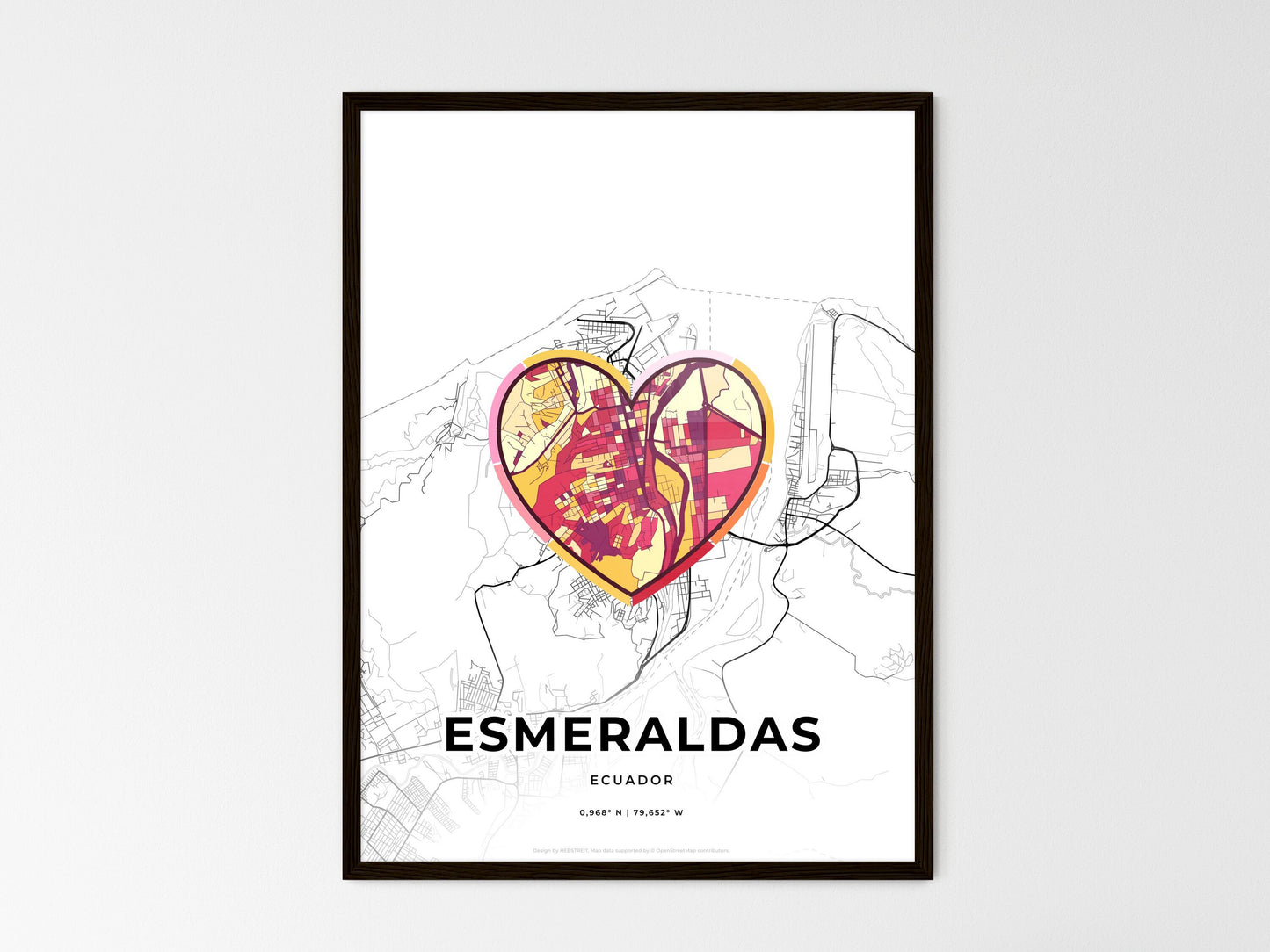 Esmeraldas Ecuador wedding art map with heart icon