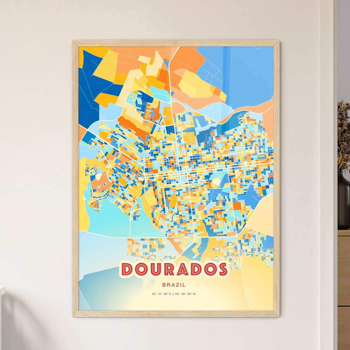 Colorful DOURADOS BRAZIL Fine Art Map Blue Orange