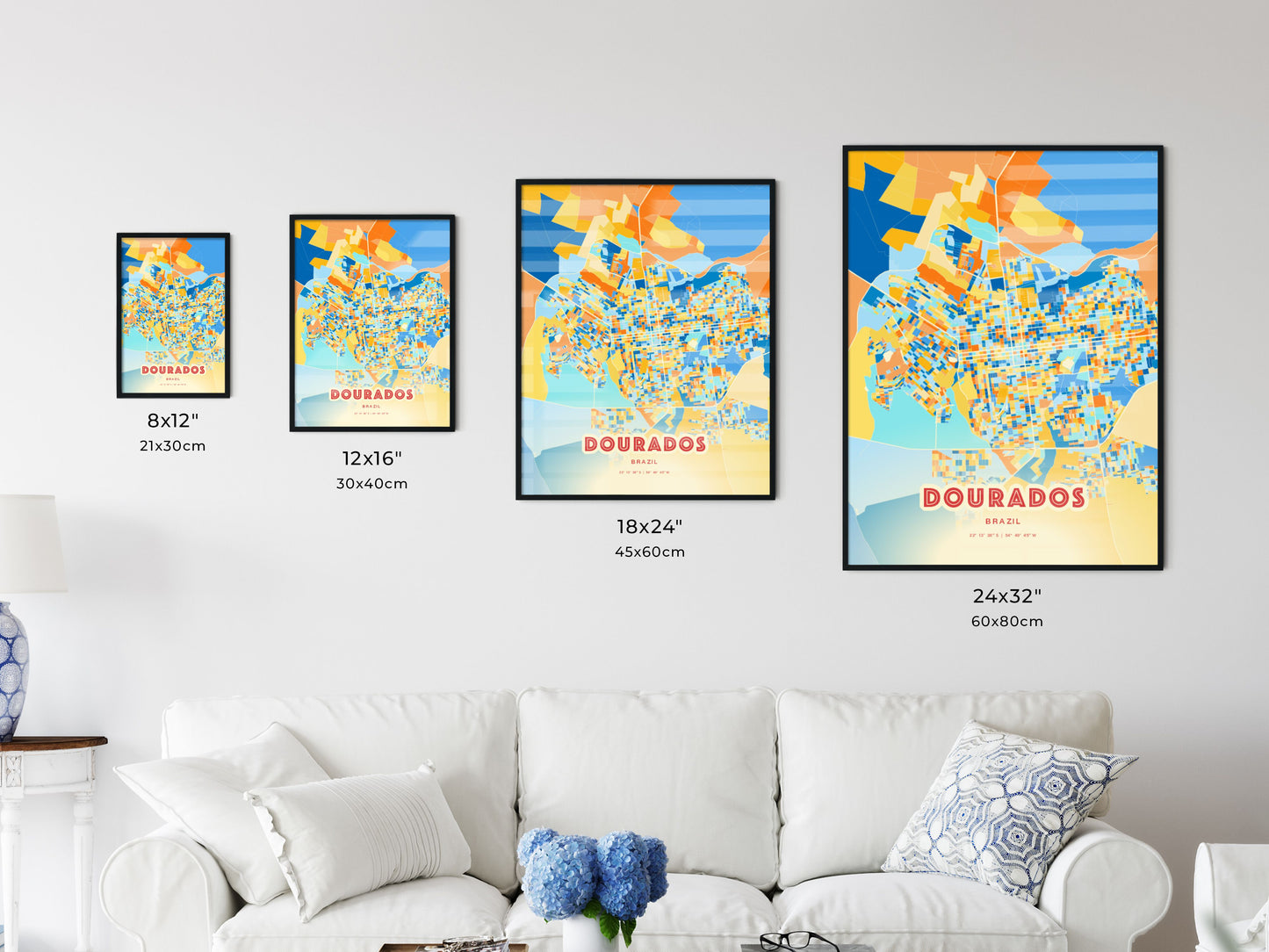 Colorful DOURADOS BRAZIL Fine Art Map Blue Orange