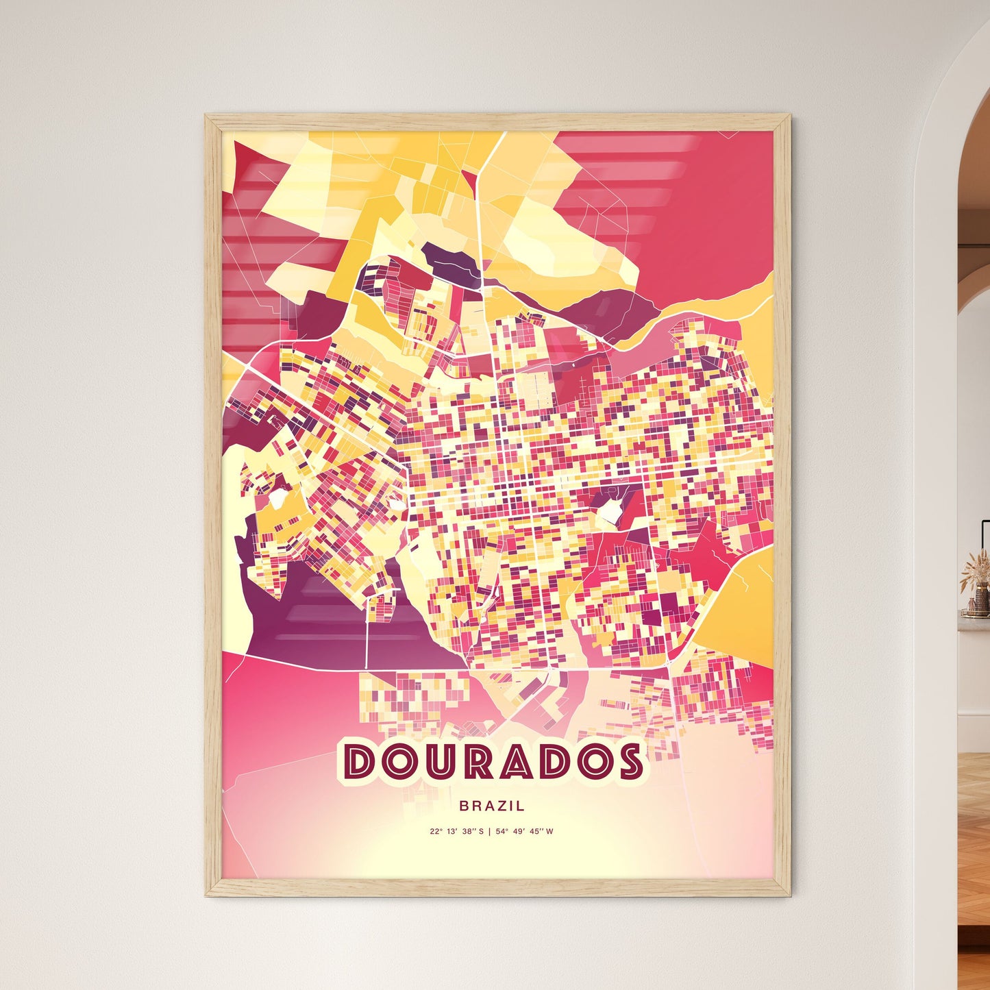 Colorful DOURADOS BRAZIL Fine Art Map Hot Red