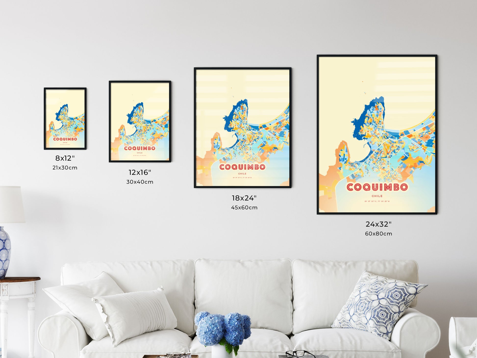 Colorful COQUIMBO CHILE Fine Art Map Blue Orange