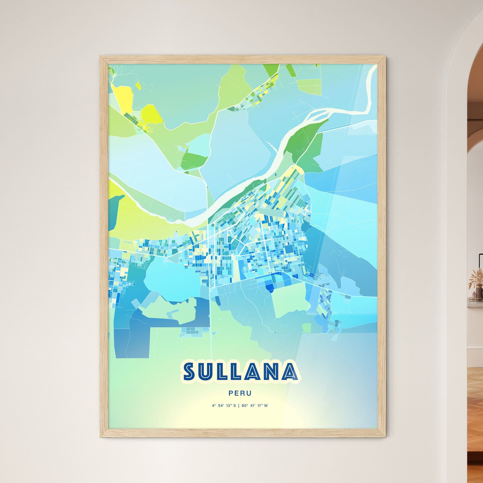 Colorful SULLANA PERU Fine Art Map Cool Blue