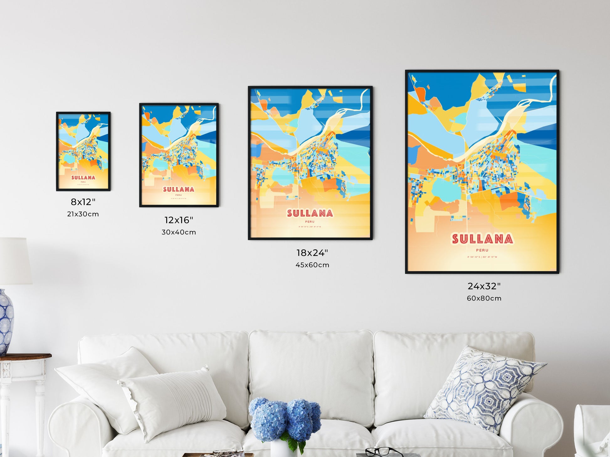 Colorful SULLANA PERU Fine Art Map Blue Orange