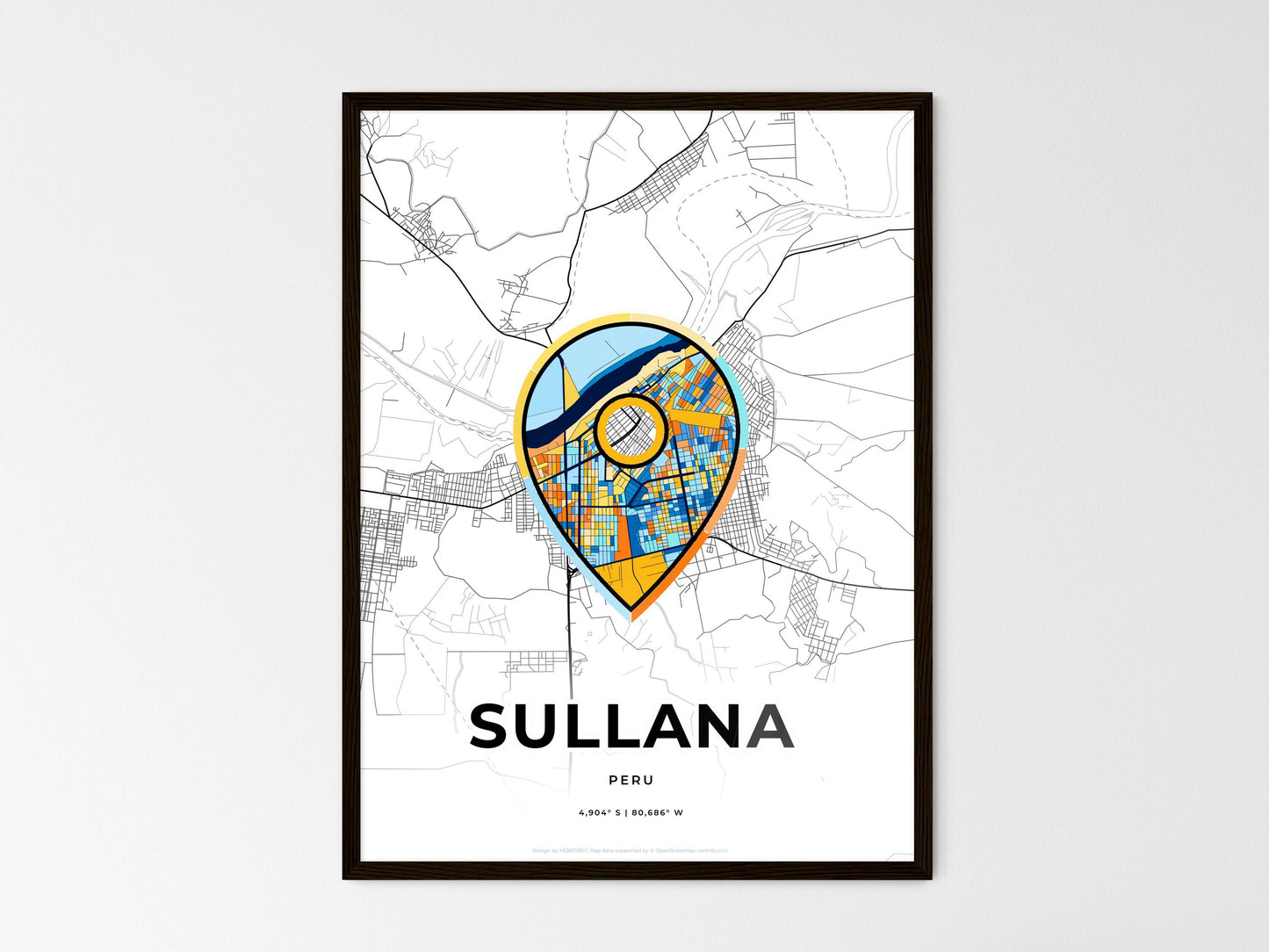 Sullana Peru wedding art map with pointer icon