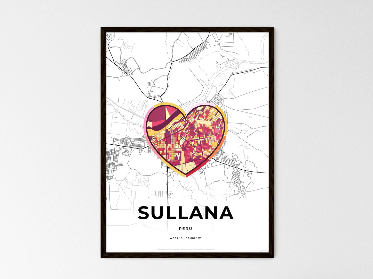 Sullana Peru wedding art map with heart icon