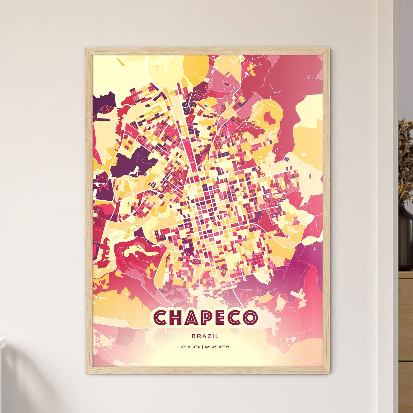 Colorful CHAPECO BRAZIL Fine Art Map Hot Red