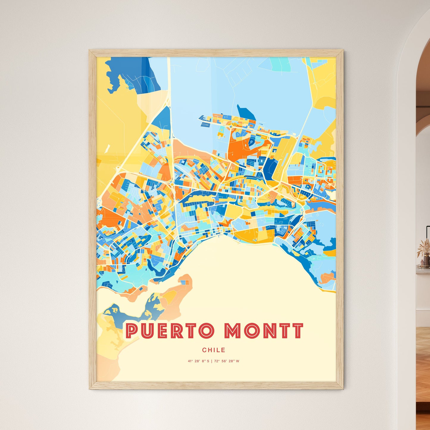 Colorful PUERTO MONTT CHILE Fine Art Map Blue Orange