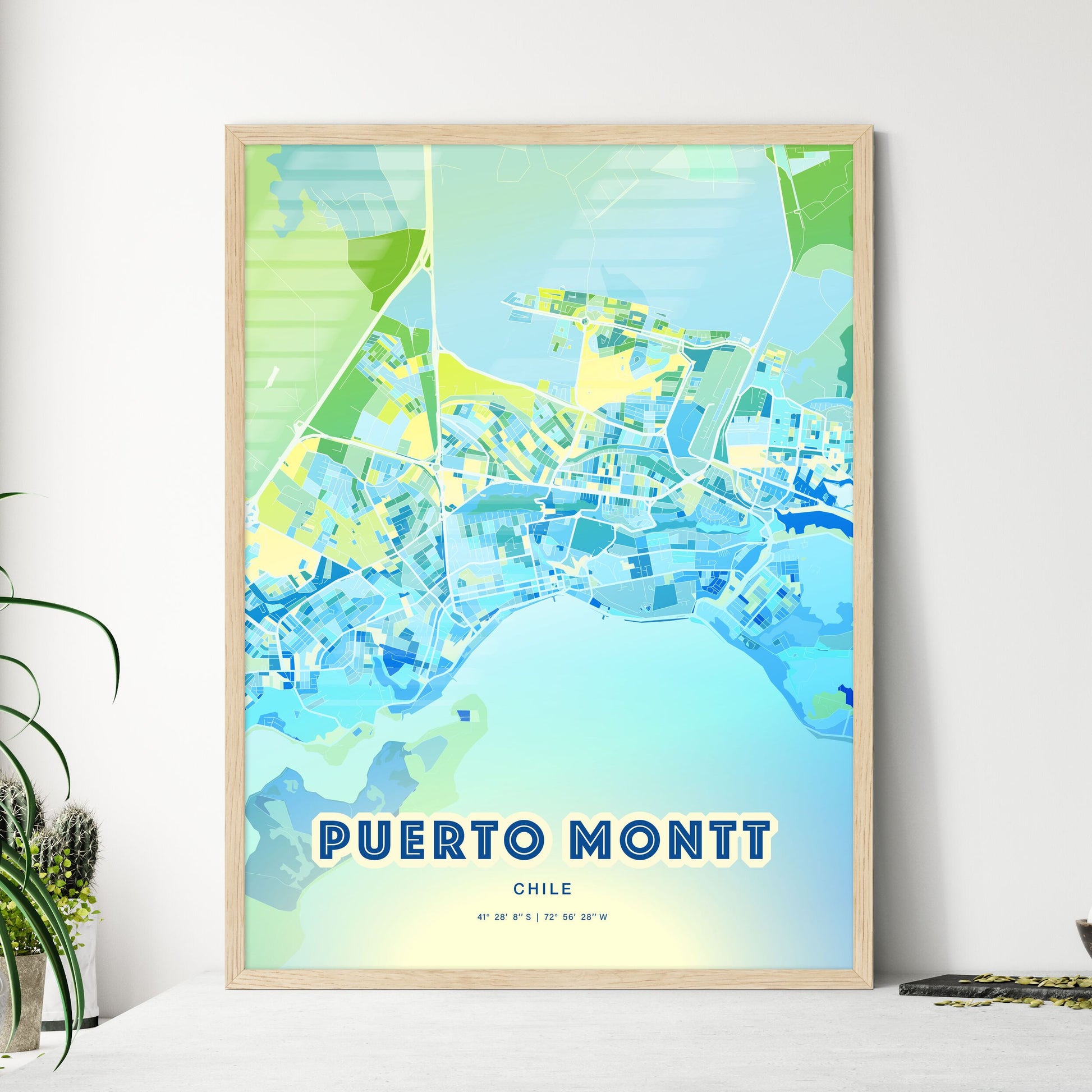 Colorful PUERTO MONTT CHILE Fine Art Map Cool Blue