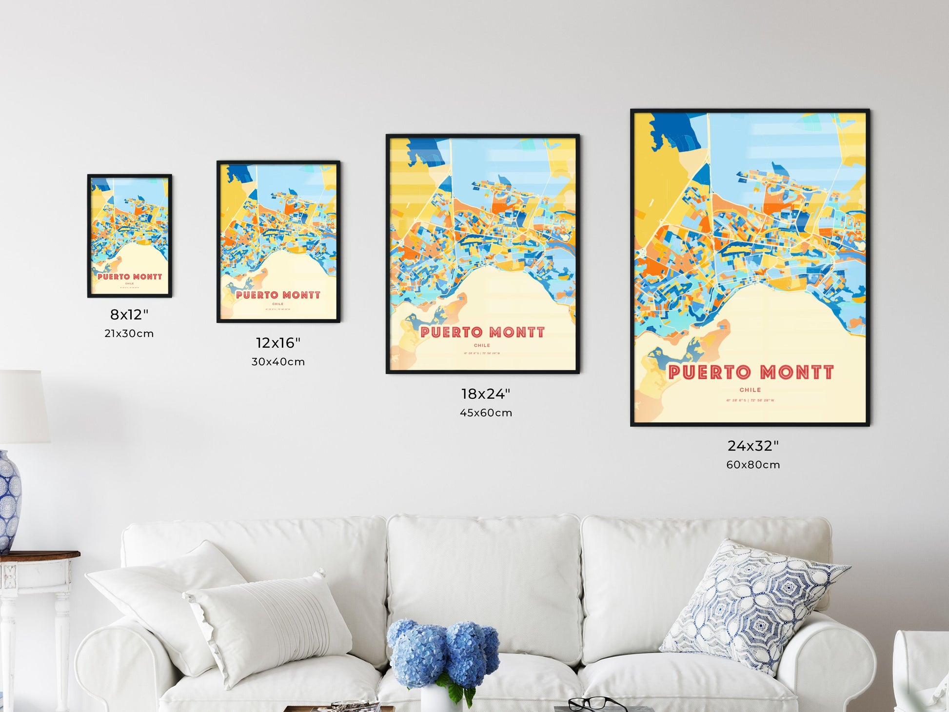 Colorful PUERTO MONTT CHILE Fine Art Map Blue Orange