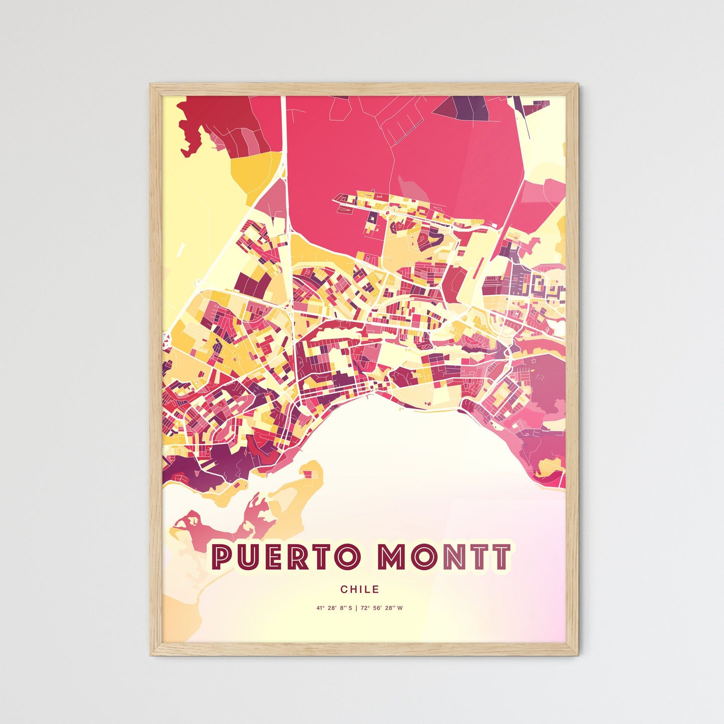 Colorful PUERTO MONTT CHILE Fine Art Map Hot Red