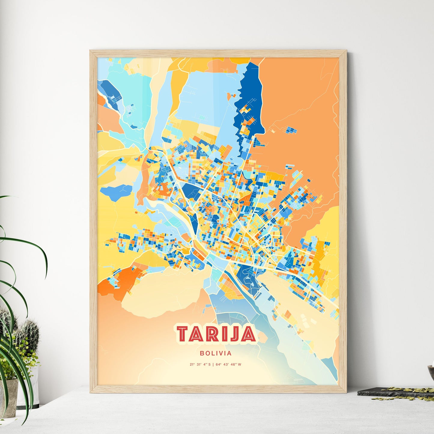 Colorful TARIJA BOLIVIA Fine Art Map Blue Orange