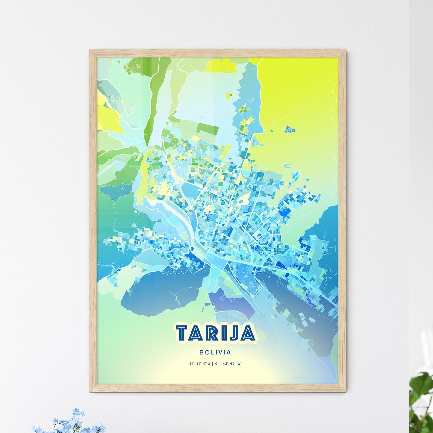 Colorful TARIJA BOLIVIA Fine Art Map Cool Blue