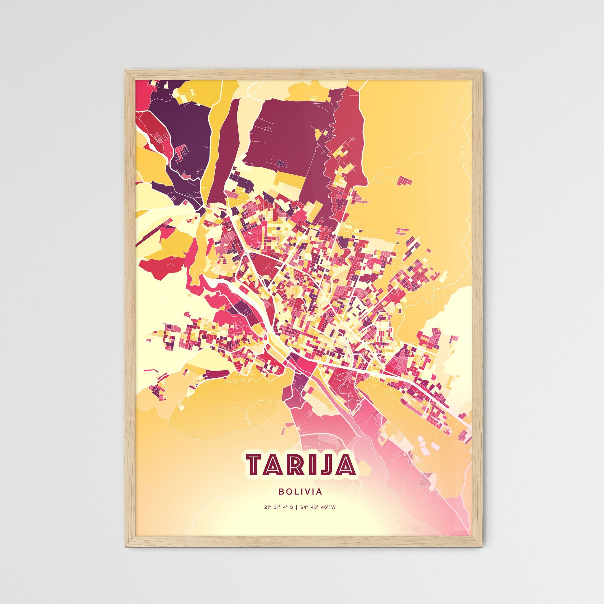 Colorful TARIJA BOLIVIA Fine Art Map Hot Red