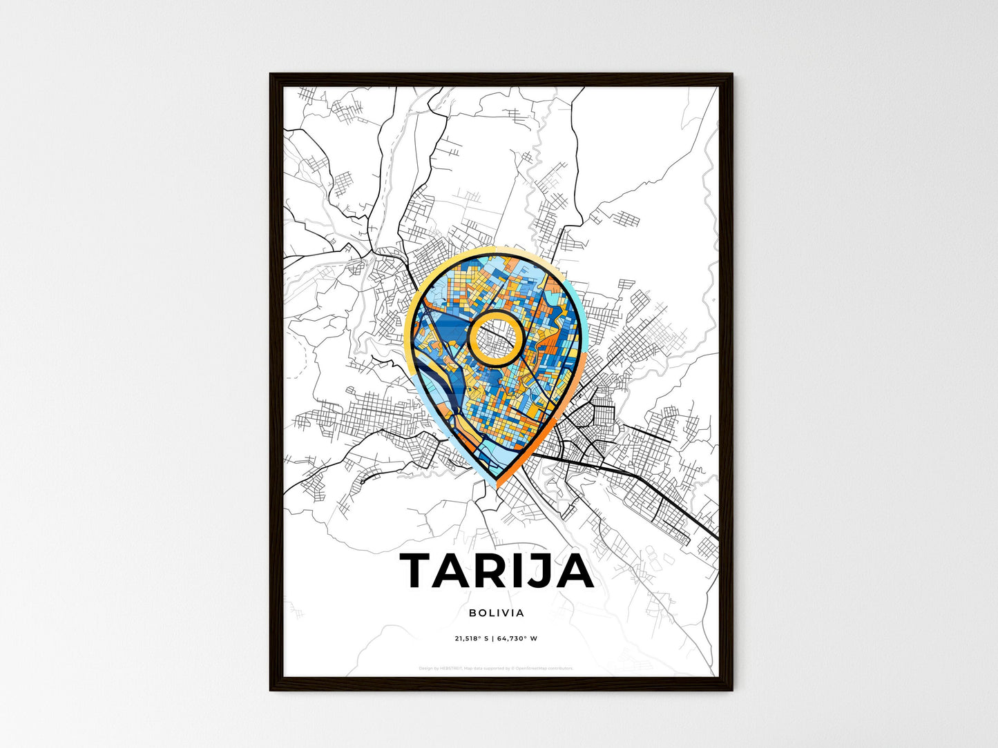 Tarija Bolivia wedding art map with pointer icon