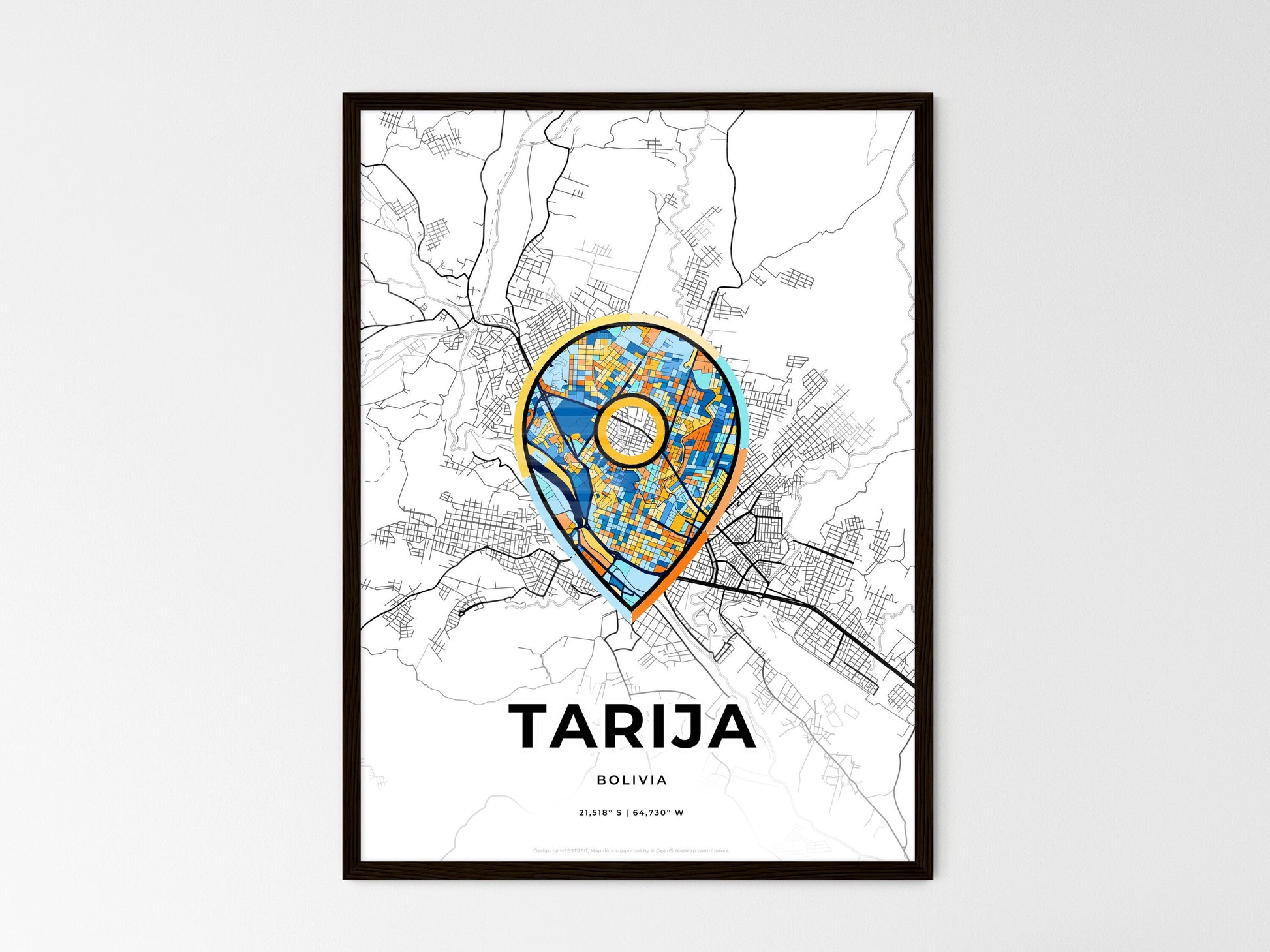 Tarija Bolivia wedding art map with pointer icon
