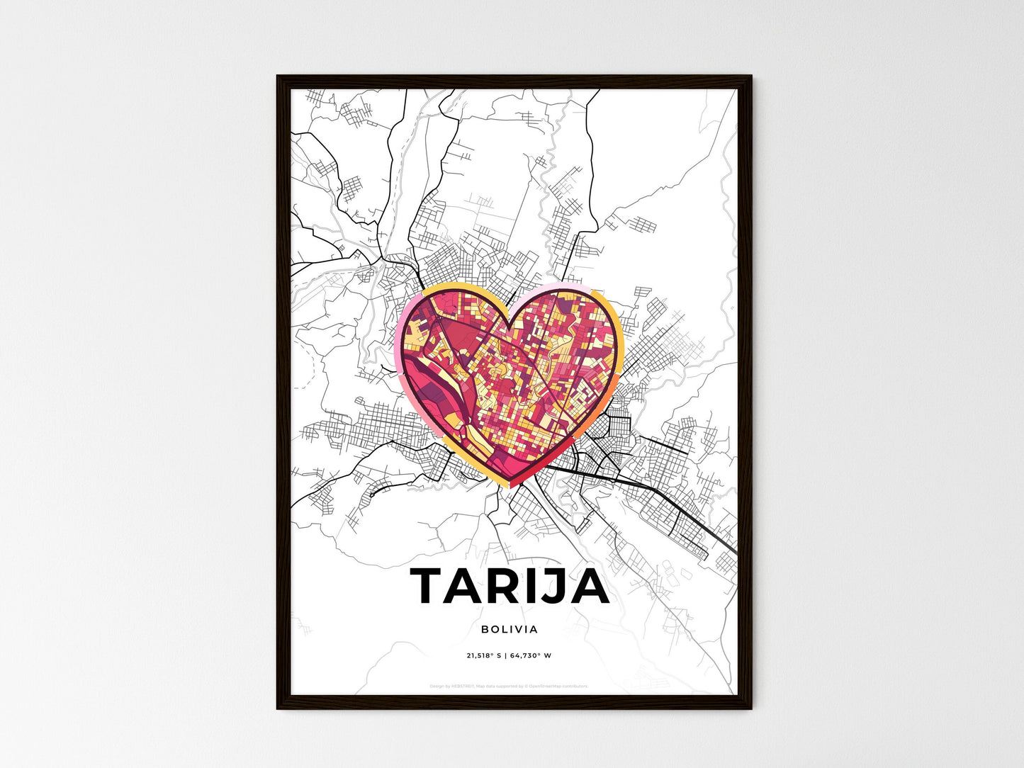 Tarija Bolivia wedding art map with heart icon
