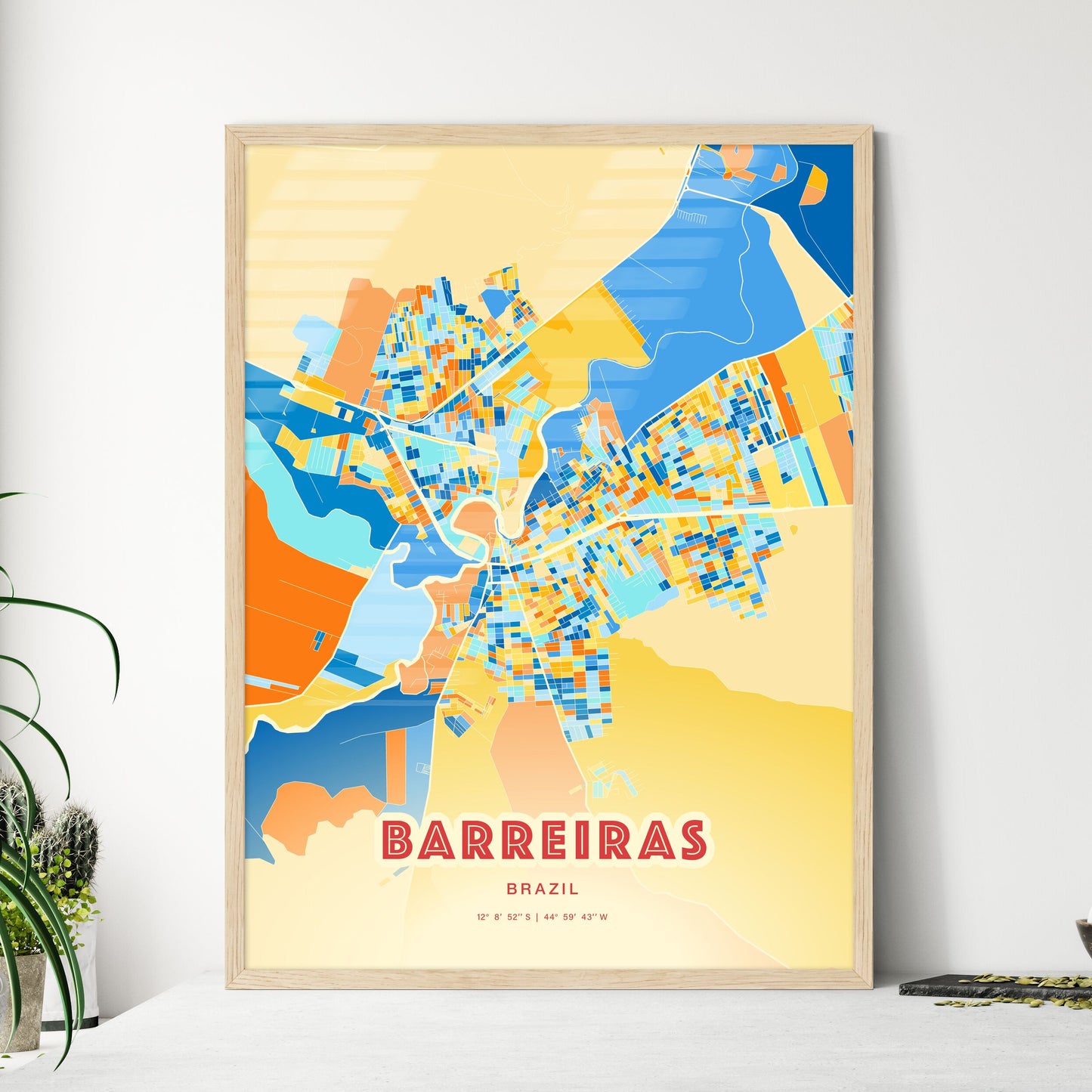 Colorful BARREIRAS BRAZIL Fine Art Map Blue Orange