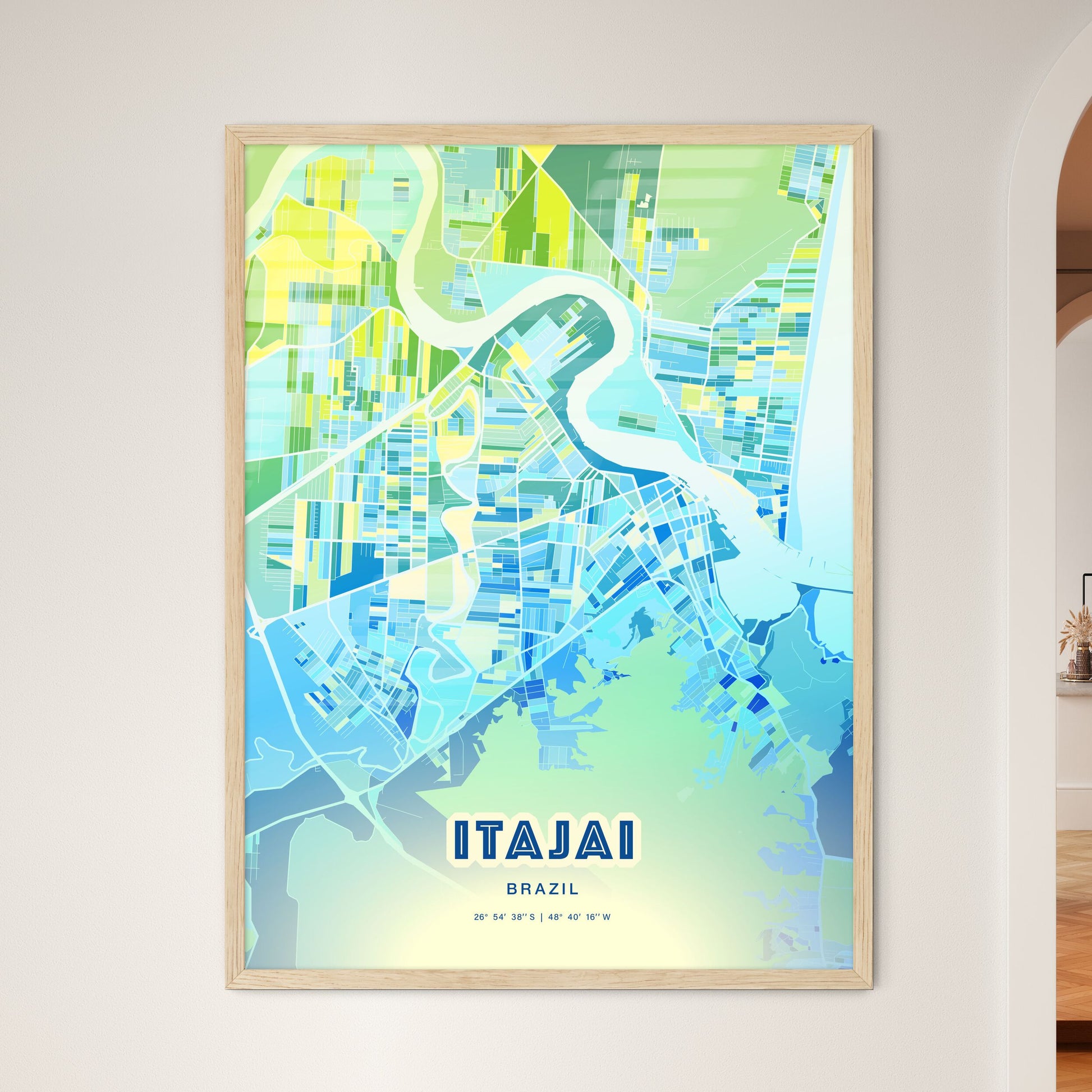 Colorful ITAJAI BRAZIL Fine Art Map Cool Blue