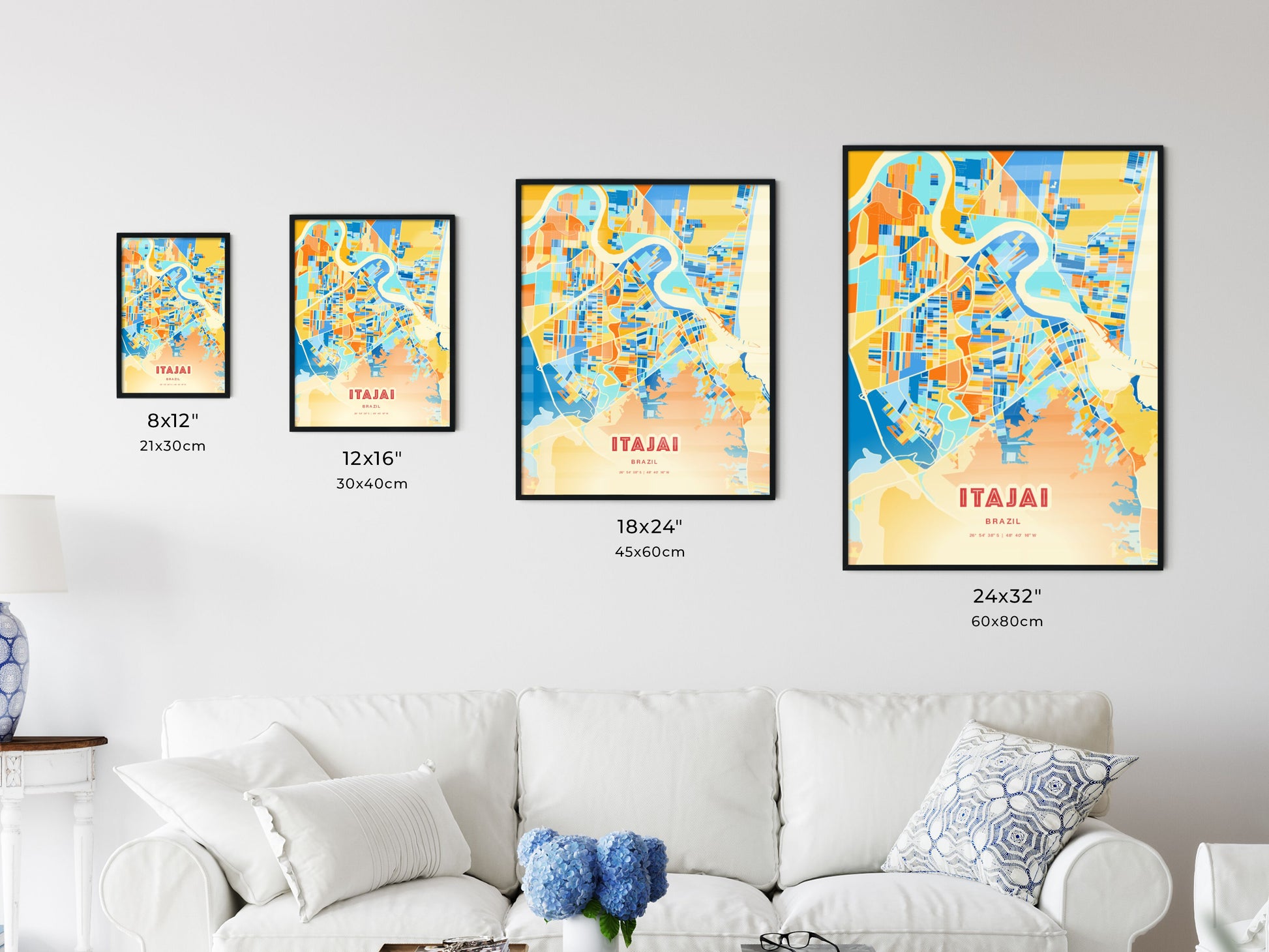 Colorful ITAJAI BRAZIL Fine Art Map Blue Orange