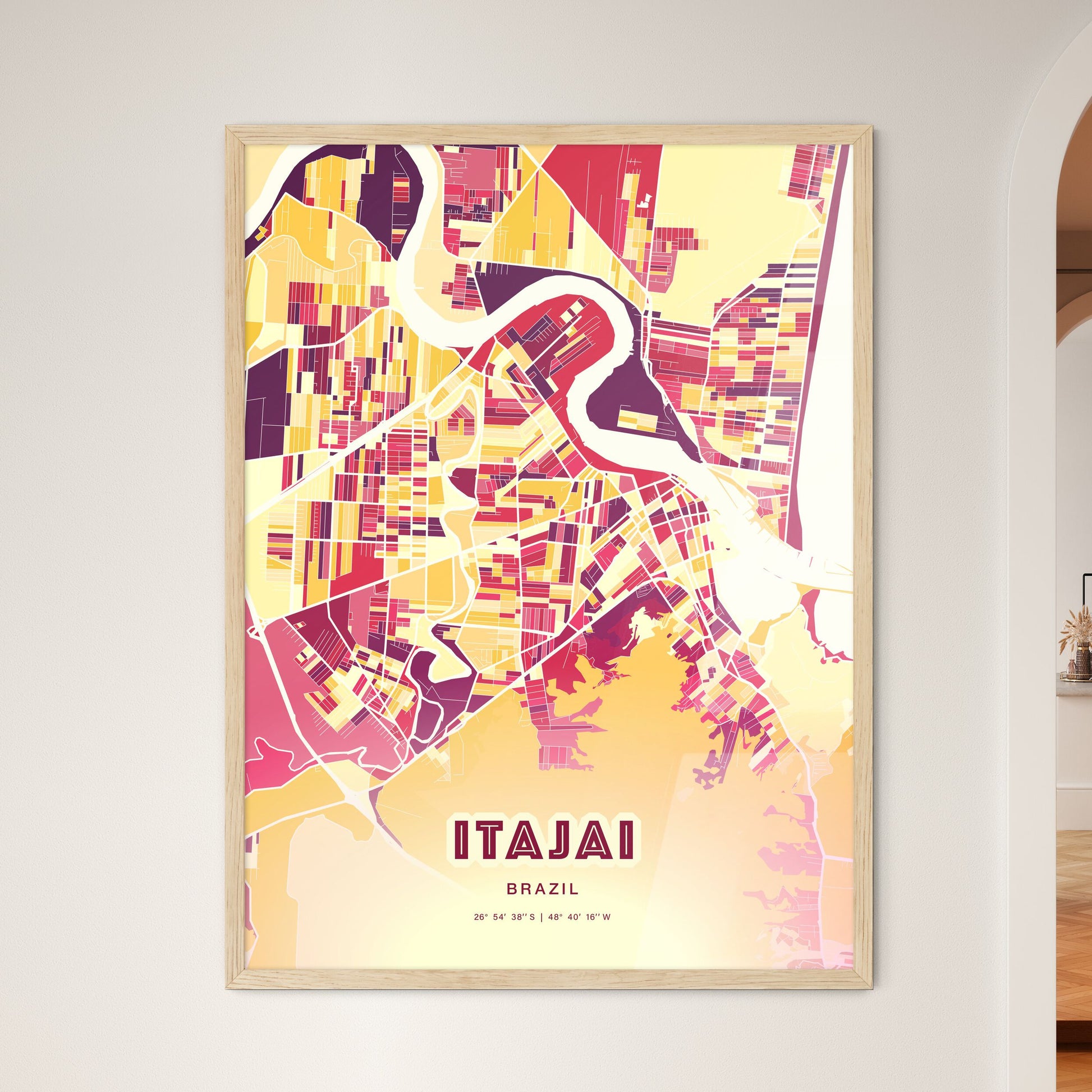 Colorful ITAJAI BRAZIL Fine Art Map Hot Red